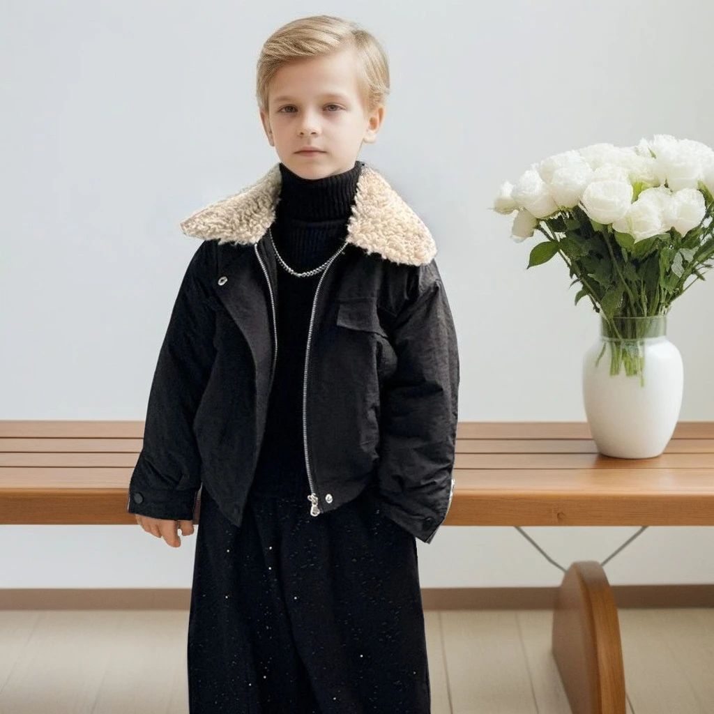 

Teen Boys Winter Coat Fleece Lined Furry Collar Jacket Plush Warm Outerwear for Kids Trendy Windproof Cold Weather Top for Child