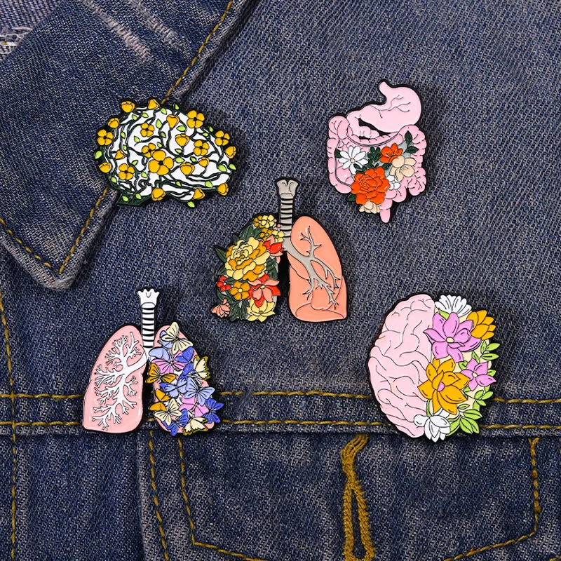 Creative Floral Brain Lung Intestines Stomach Badge Brooch Pins Cartoon Organ Simulated Enamel Lapel Pin Accessory On Backpack C