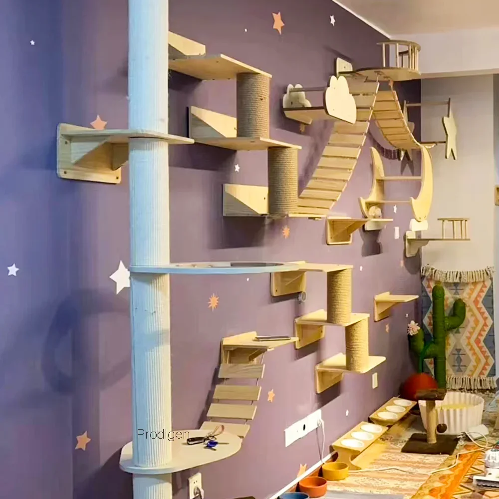 Wall Mounted Cat Climbing Frame Cat Hammock and Scratching Post with Wood Ladder for Kitten Sleeping and Playing Pet Playground