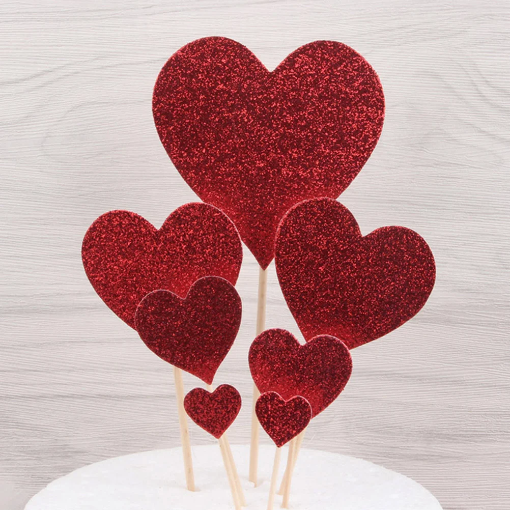 7pcs Heart Cupcake Toppers Glitter Wooden Cake Topper Photo Props for Wedding Engagement Valentine's Day Baby Shower (Red)