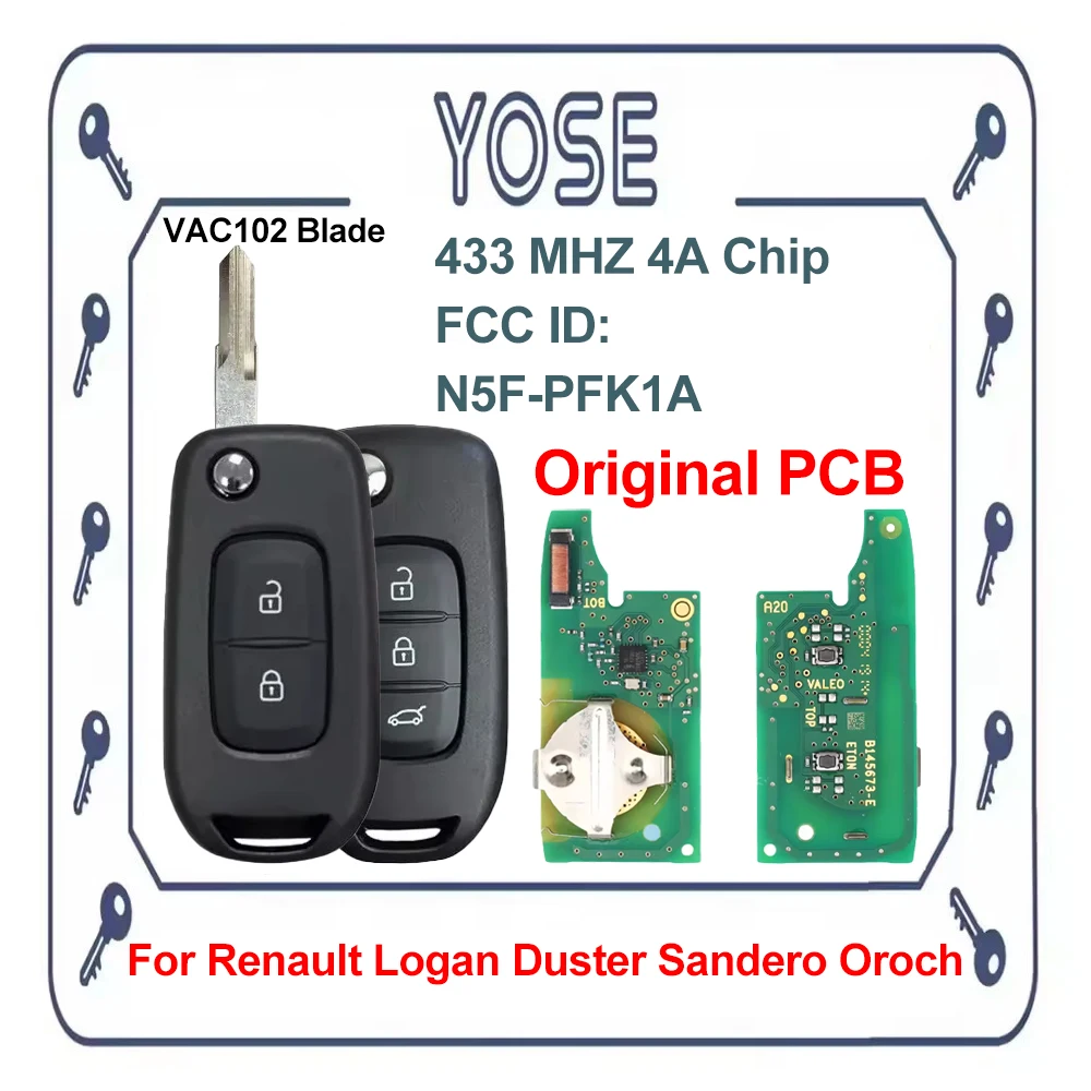 YOSE N5F-PFK1A Original PCB 433 MHZ 4A Chip Smart Flip Car Key for Renault Lodgy DUZ Kadjar Captur Megane3 Symbol Duster Logan 2