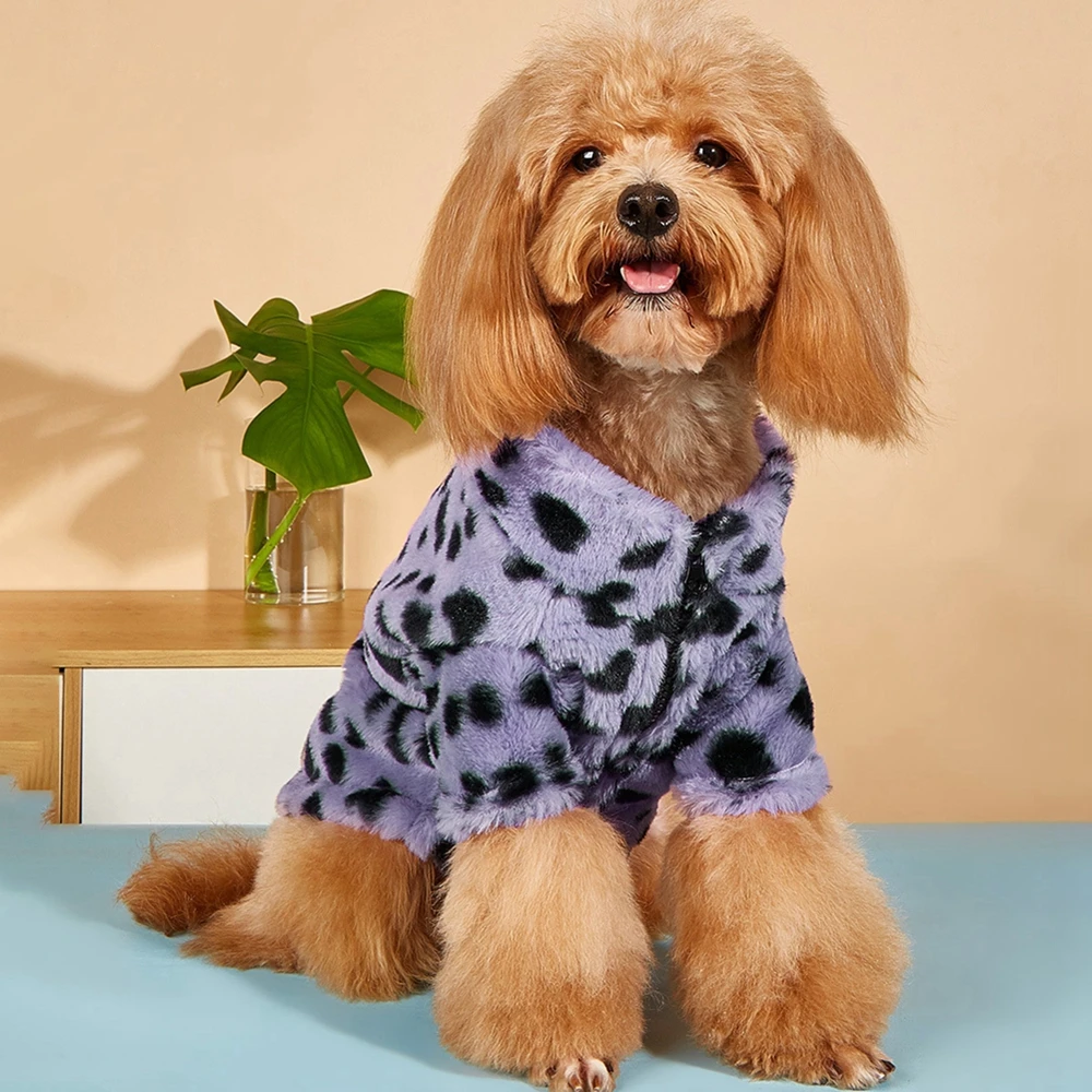 Warm Winter Coat for Small Dogs Plush Leopard Print Jacket Cozy Home Wear Pajamas with Hooded Zipper for Indoor Outdoor Dress Up