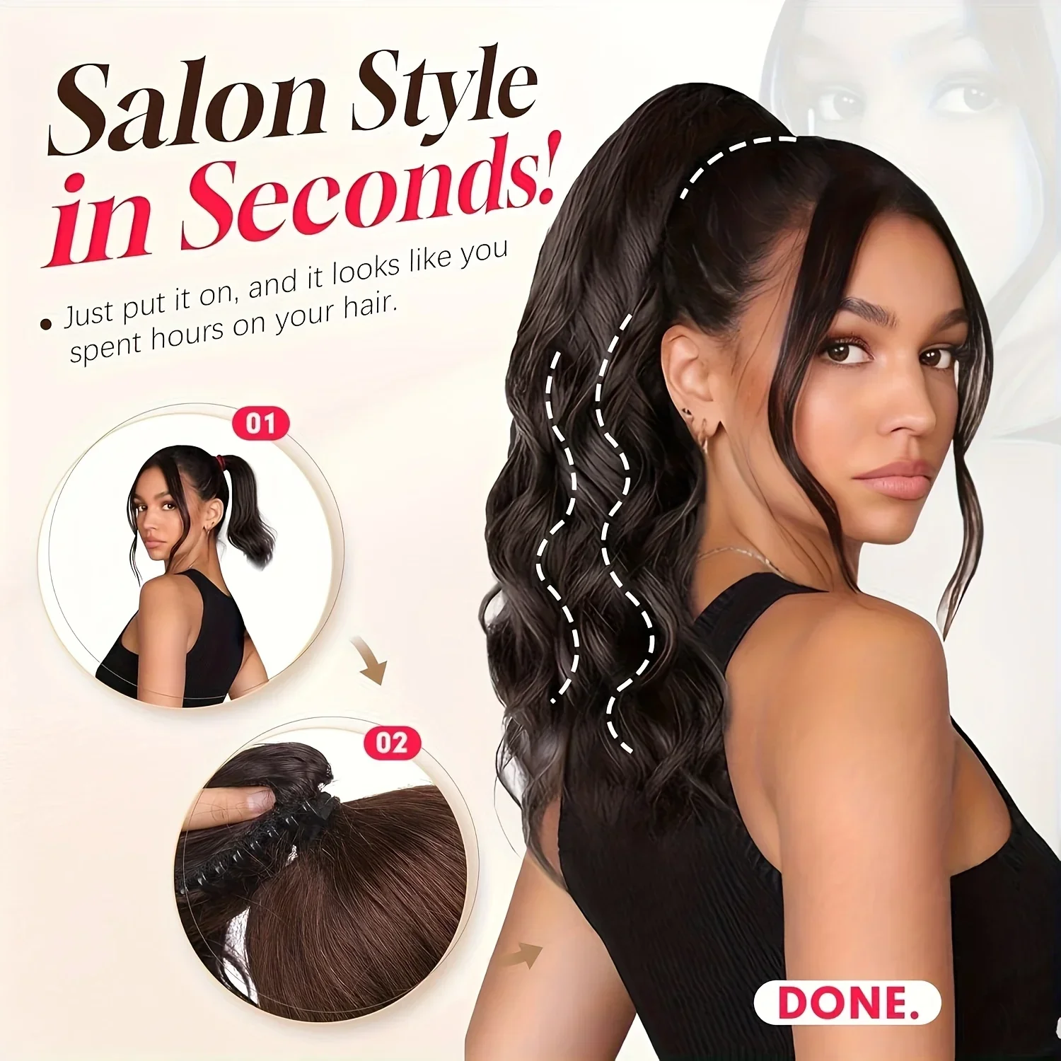 22-Inch Long Wavy Drawstring Ponytail Extension - Layered Synthetic Hairpiece for Women, Clip-In Style, Natural Black Color