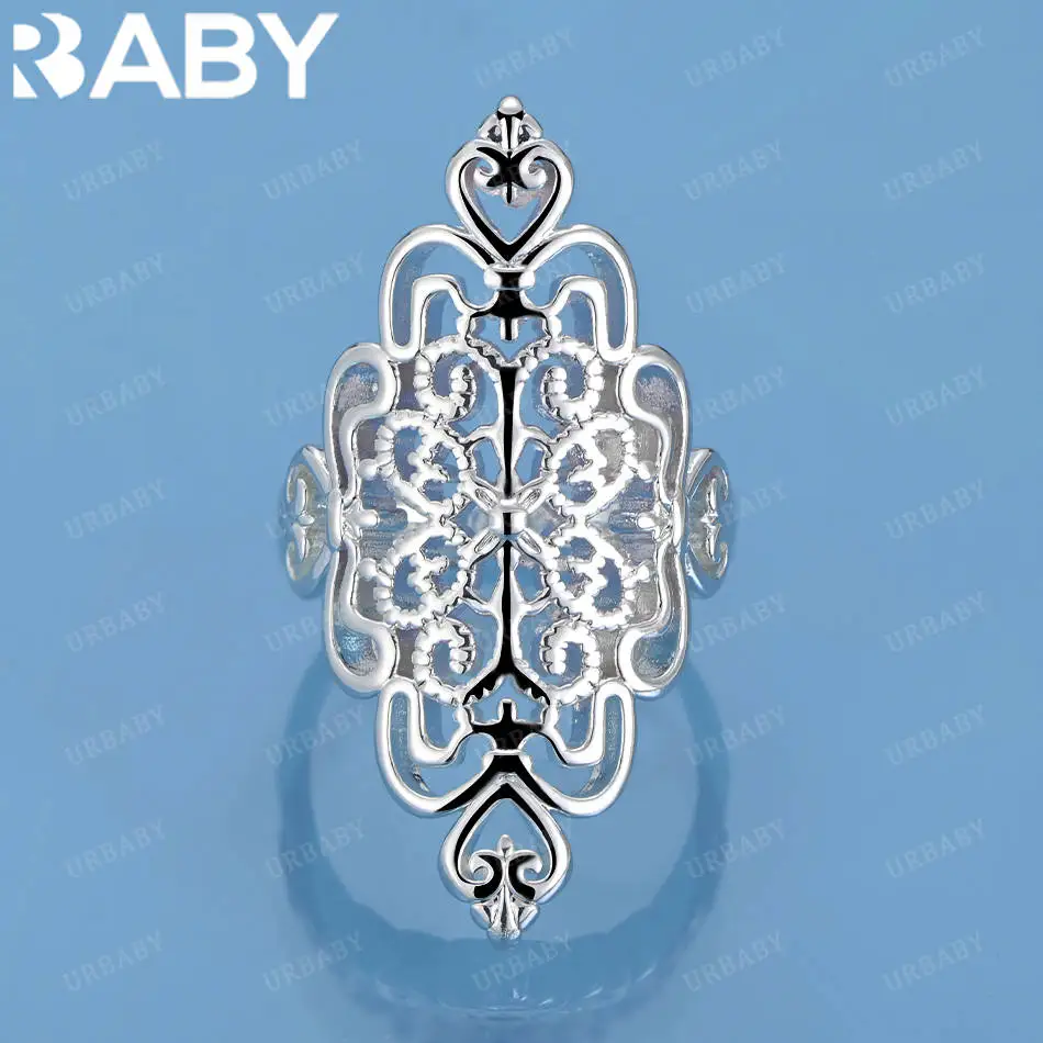 

URBABY 925 Sterling Silver Size 6-10 Retro Hollow Pattern Ring For Women Men Grace Jewelry Trend Fashionable Birthday Party Gift