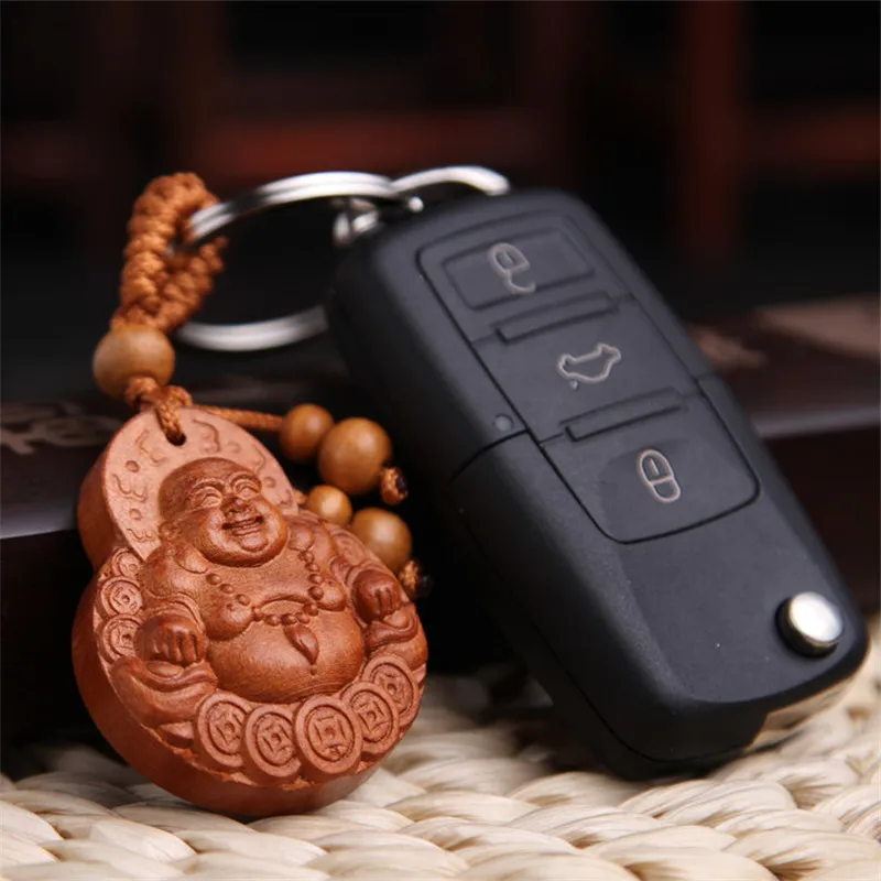 Cute Mahogany Wooden Keychain 3D Engraving Lifelike Buddha Pendant Key Ring Person Shape Key Holder Jewelry Making Accessories