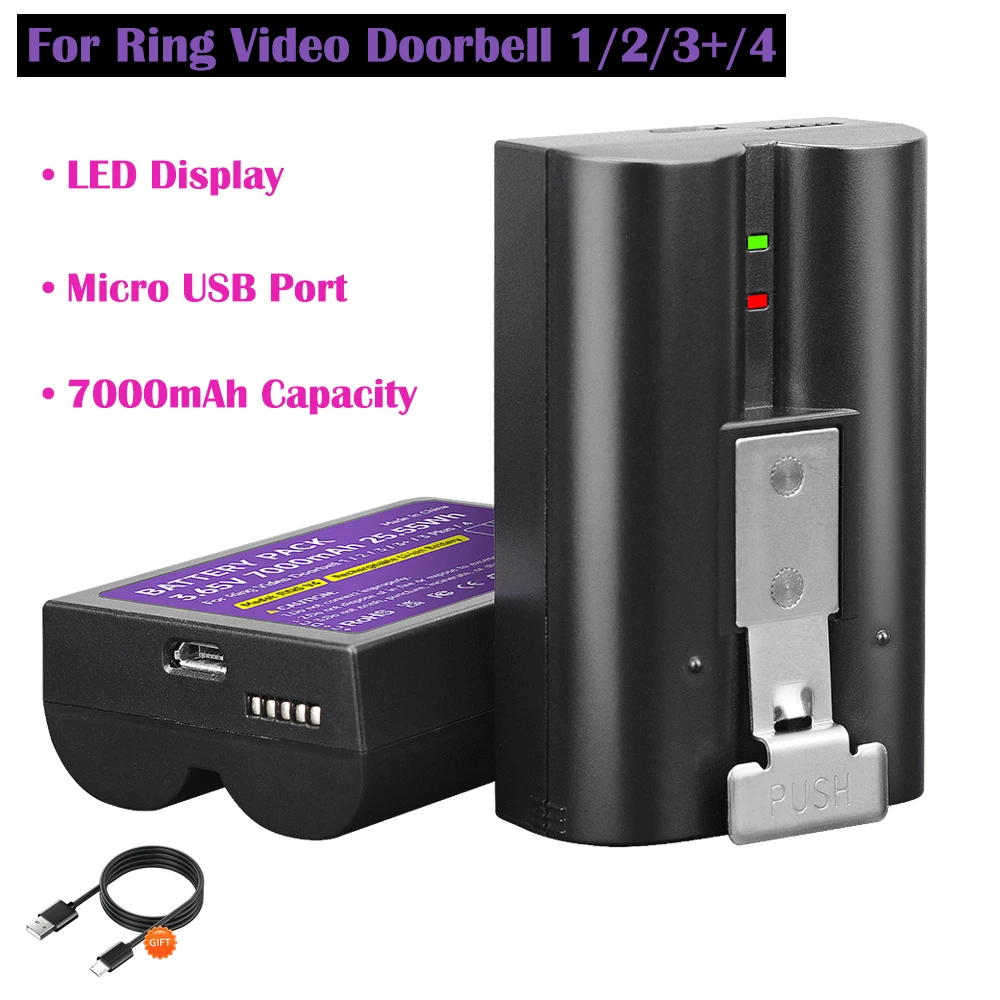 

7000mAh Rechargeable Battery for Ring Video Doorbell 1 2 3 + 4 for Ring-Video V4 1/2/3/3 Plus/4 Stick Up Cam Battery (2nd & 3rd)