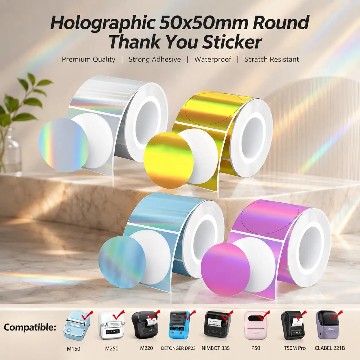 Four rolls of gold, silver, purple, and blue holographic round labels, 50*50mm in size, thermal self-adhesive printing paper, compatible with M110/M102/P1/P2 label printers. Round, transparent stickers. Ideal for school supplies, office supplies, and item