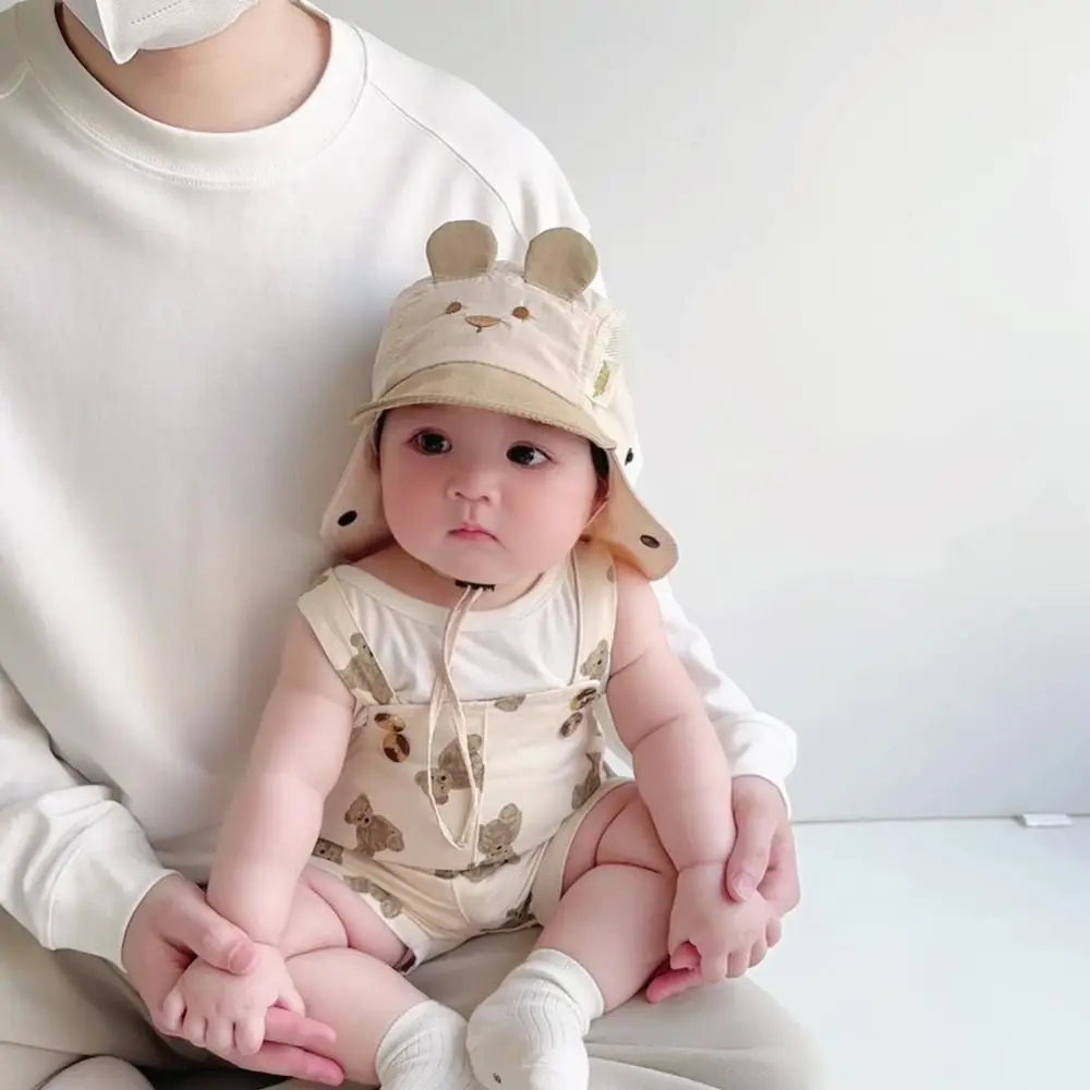 

New Cartoon Bear Ear Summer Hat Quick Dry Neck Protection Sun Cap Breathable Embroidery Fisherman Hat Boys Girls