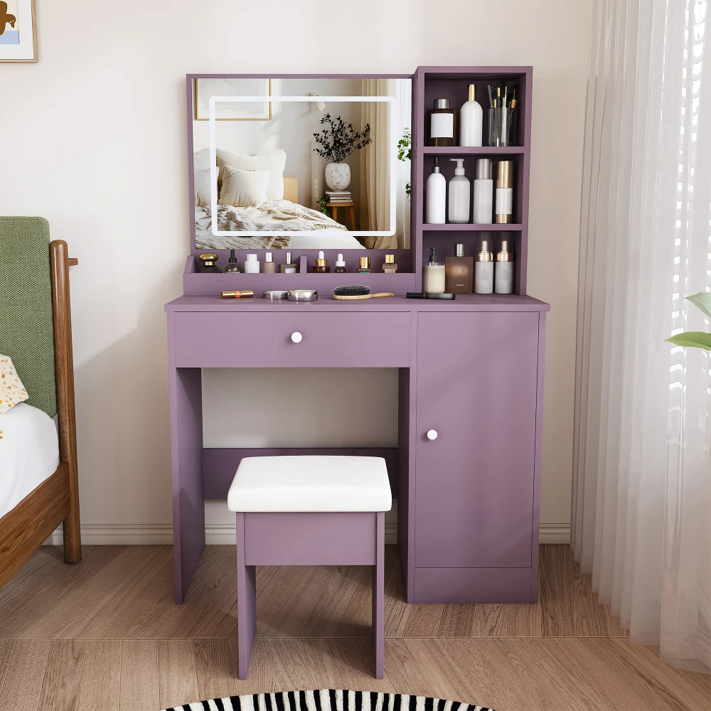 This Stylish, Elegant, and Practical Purple Vanity Set Features Clever Storage, Scratch Resistance, and Easy Cleaning. It Includes A Cushioned Stool and An Adjustable LED Light Mirror for Ideal Illumination (3 Color Modes).