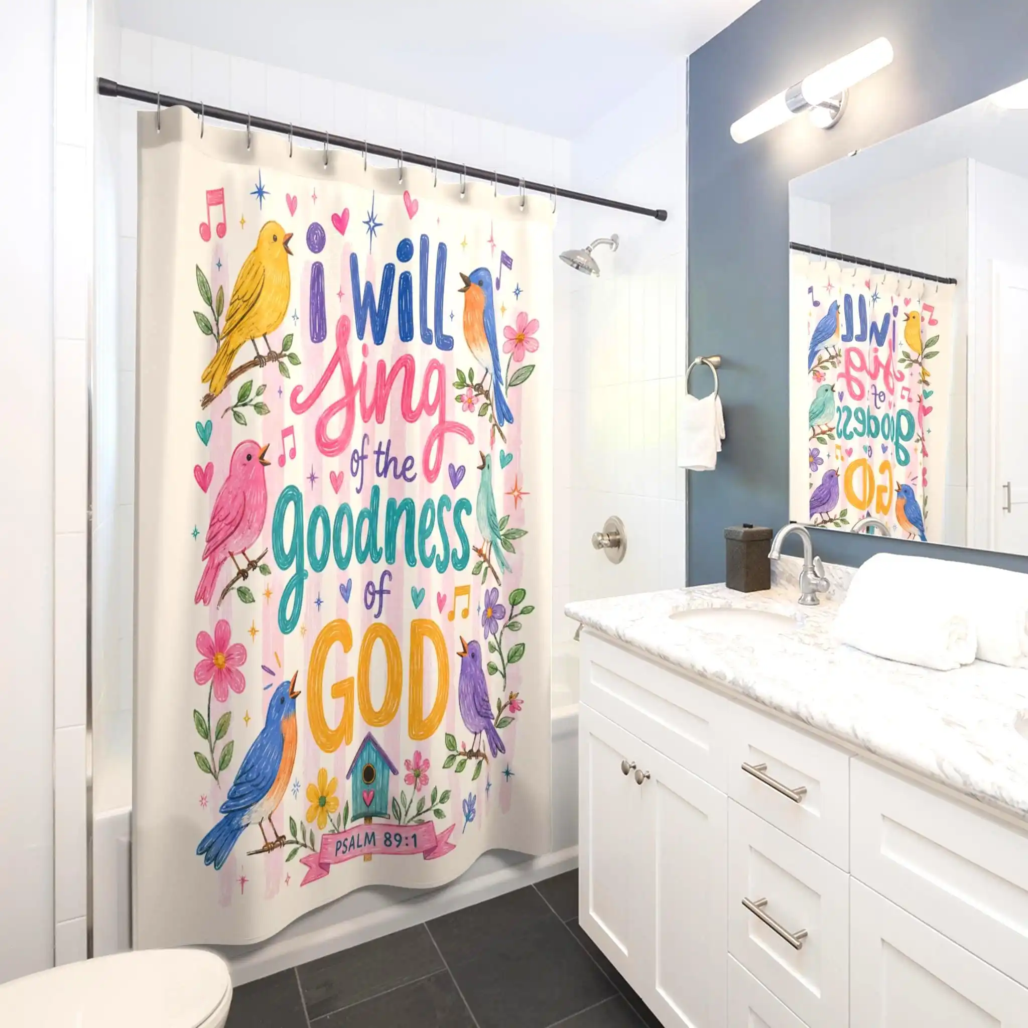 I Will Sing Of The Goodness Of God Shower Curtain Watercolor Birds Religious Bathroom Decor