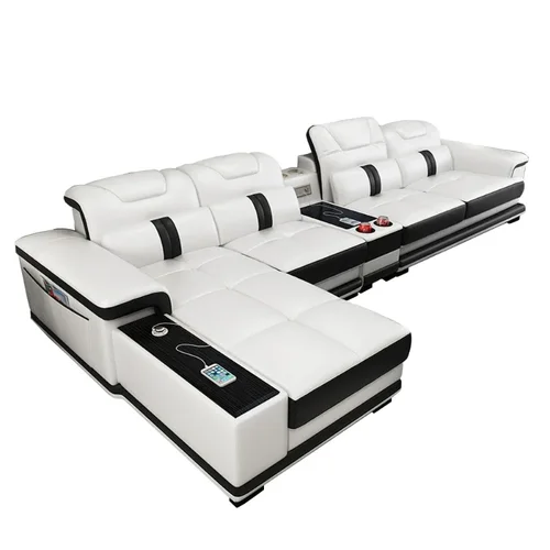 거실 소파 세트 코너 소파 스피커, 진짜 진짜 암소 가죽 단면 소파, 북유럽 L 모양 블루투스 머리 받침 기능 