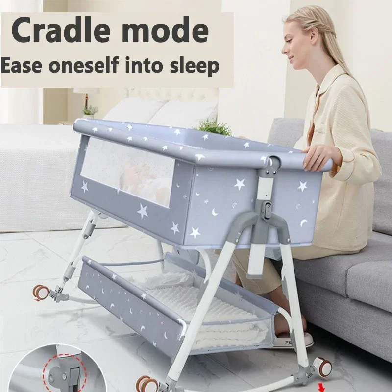 Crib Bed with Bed Breathable Adjustable with Wheels Can Push Load 60kg Suitable for 0-36 Months Baby