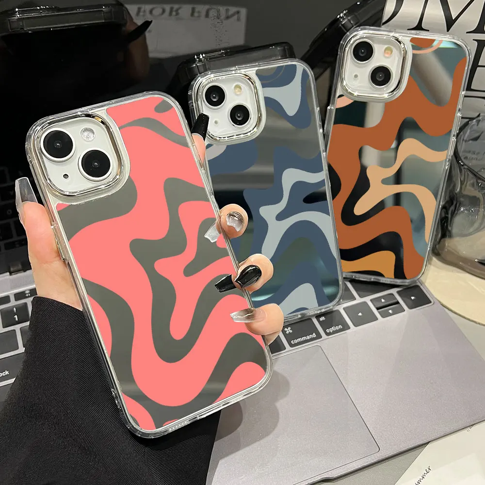 

Luxury Make UP Mirror Phone Case For iPhone 11 13 16 Pro Max Plus 14 15 12 XR X XS 16promax 15promax Stripe Painted Cover Funda