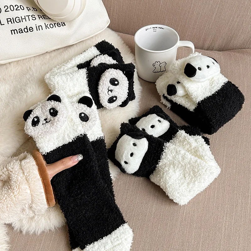 Autumn and Winter Black and White Three-dimensional Puppet Mid-tube Warm Coral Velvet Women's Socks Home Sleeping Stockings