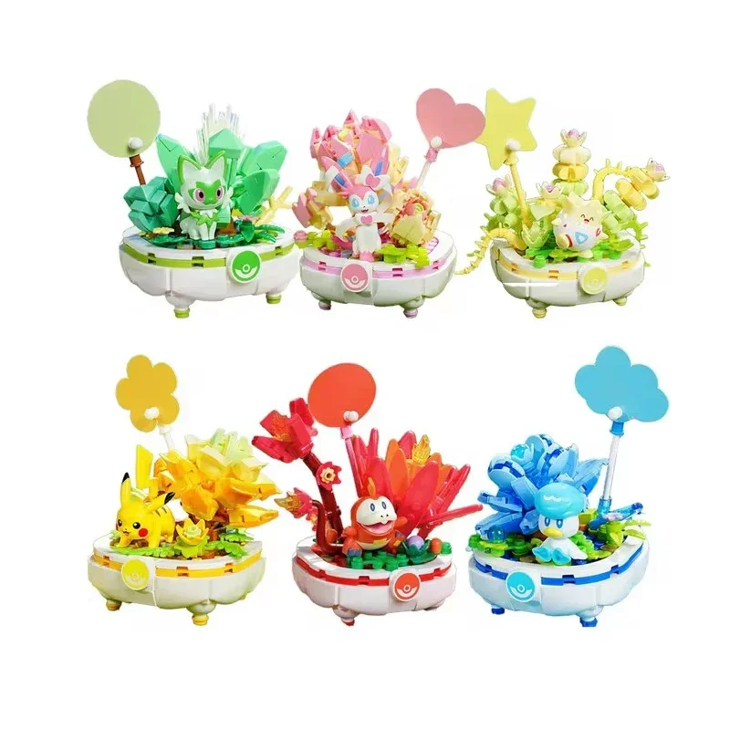 

Pokemon Scene Building Blocks Sprigatito Fuecoco Eevee Quaxly Potted Plants Assembled Model Mini Brick Figure Toys For Kids Gift