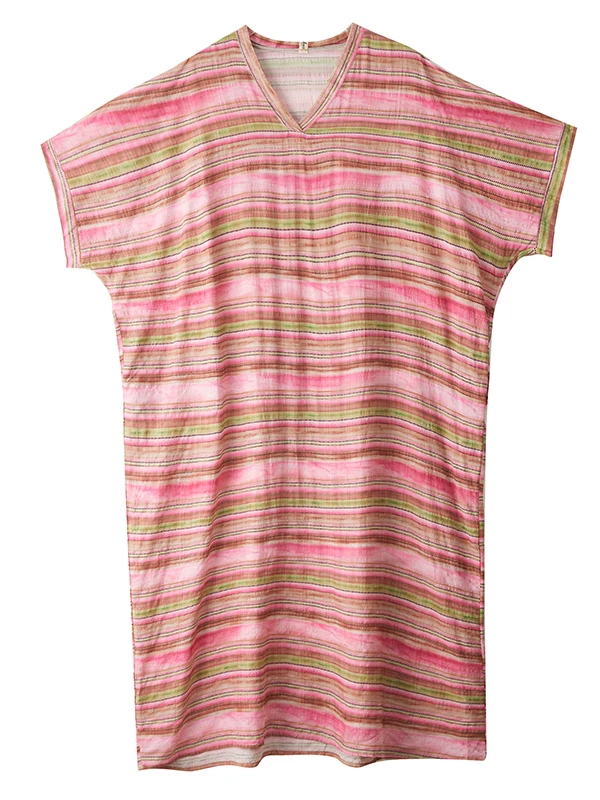 V-Ne Batwing Sve Stripe Long Dr Knee-Length Cotton Linen Blend Travel Casual Summer Floral Print Loose Fit Maxi Dr