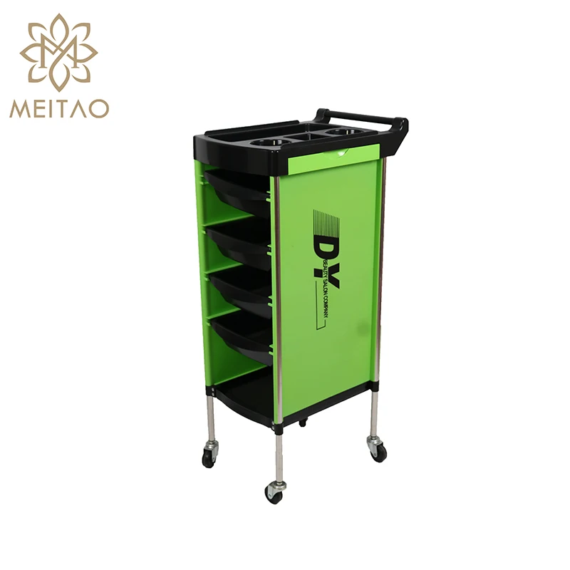 

Тележка для салона с 5 выдвижными лотками и ручкой, органайзер для хранения парикмахерских на колесиках с зелеными боковыми панелями