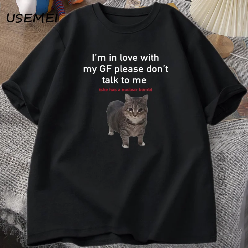 I'm in Love with My GF Funny Cat T-shirts Boyfriends Cotton Loose O-Neck Oversized Tee Men's Short Sleeve T-shirt Couple Tees view 2