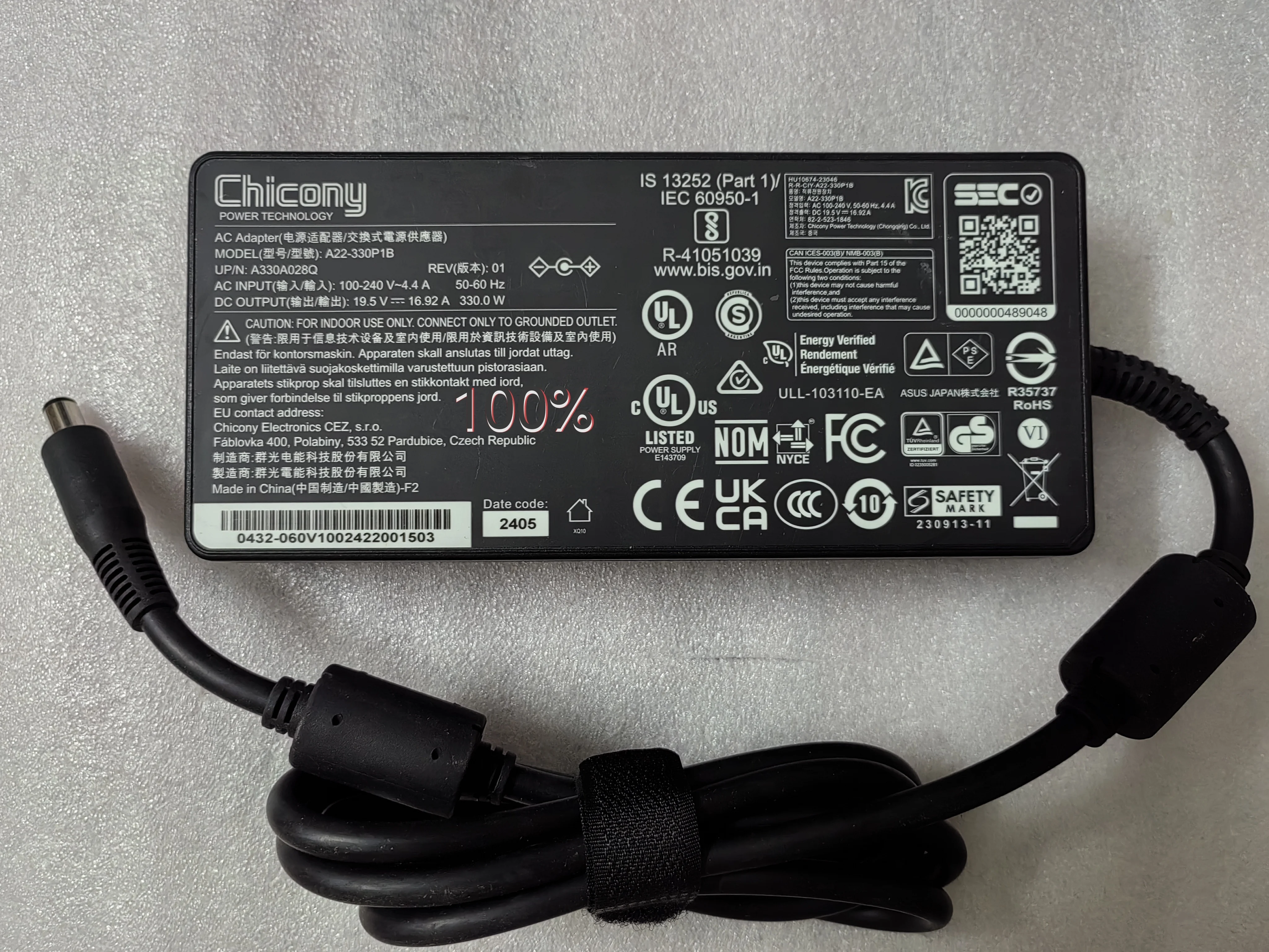 

OEM Chicony A22-330P1B 19,5 В 16,92 А 330 Вт 7,4 мм * 5,0 мм без контакта адаптер переменного тока для настольного компьютера ASUS ROG NUC 970 NUC14SRKU9 RTX4070