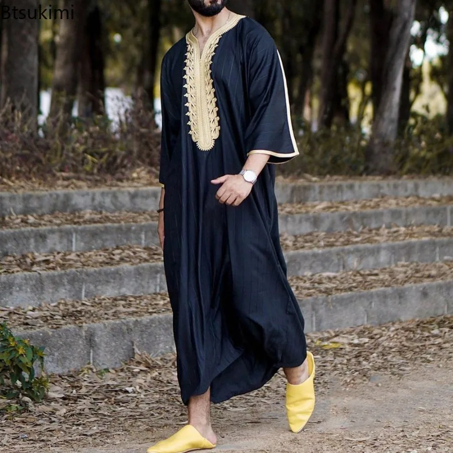 2025 nova moda muçulmana masculina abayas listra bordado jubba thobe árabe roupas islâmicas manga longa casual caftan dubai robes