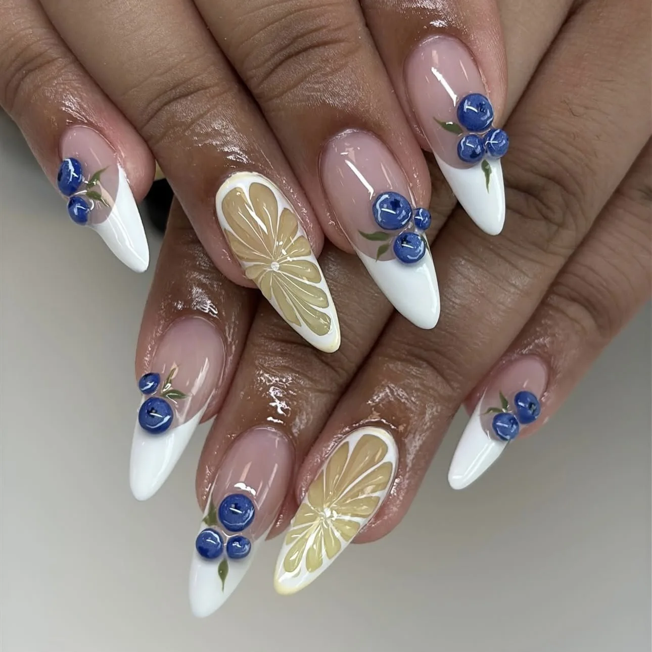 

24PCS Fresh Fruit White French False Nails 3D Blueberry Lemon Simple Almond Press on Nails Full Cover Fashionable Ins Nail Tips