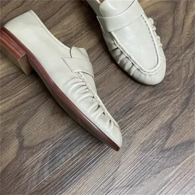 Pleated Shoes for Women Square Toes Female Loafers Sewing Lines Ladies Low Heels Leather Chassure Femme Shallow Zapatos Mujer