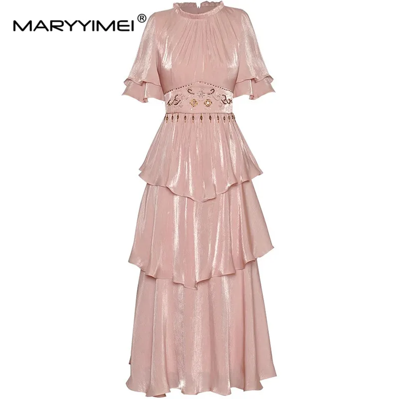 MARYYIMEI Women\'s Vintage Solid Color Dress Butterfly sleeve Tiered Ruffles Beading Crystal Elegant Evening Dresses