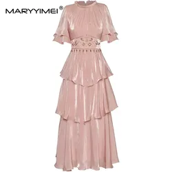 MARYYIMEI Women's Vintage Solid Color Dress Butterfly sleeve Tiered Ruffles Beading Crystal Elegant Evening Dresses