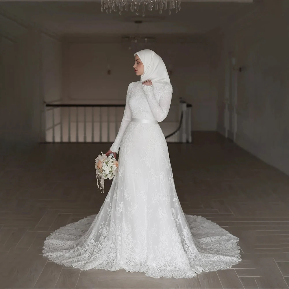 

Muslim Lace Wedding Dresses Hijab High Neck Long Sleeve Bride Dress Islam Civil A Line Bridal Gown Customized robe de mariée