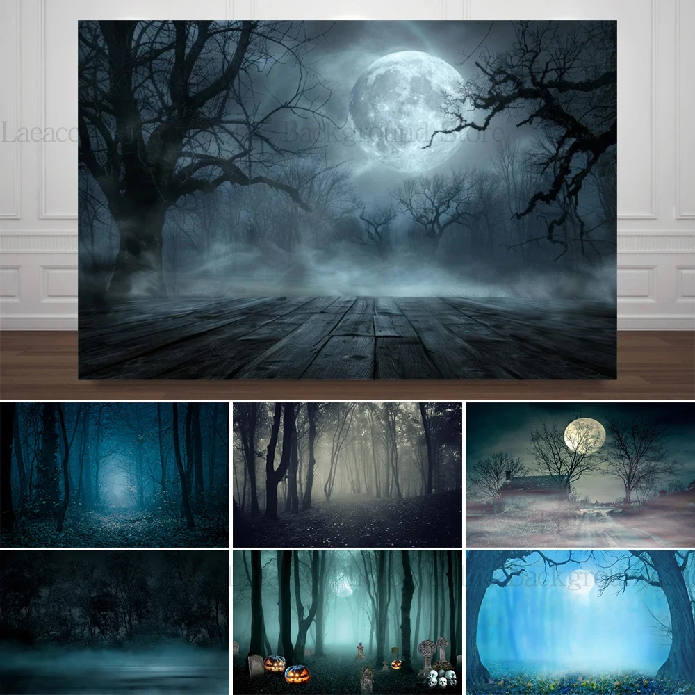 Forest Misty Dark Halloween Photography Background Scary Moon Night Spooky Pumpkin Halloween Party Backdrop Photo Studio Props