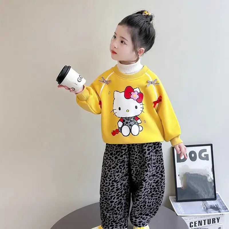 

Sanrio Hello Kitty Thicken Hoodie 2-Piece Set Tops Pants Girl Autumn Winter Child Kawaii Anime Cartoon Fashion Casual Clothing
