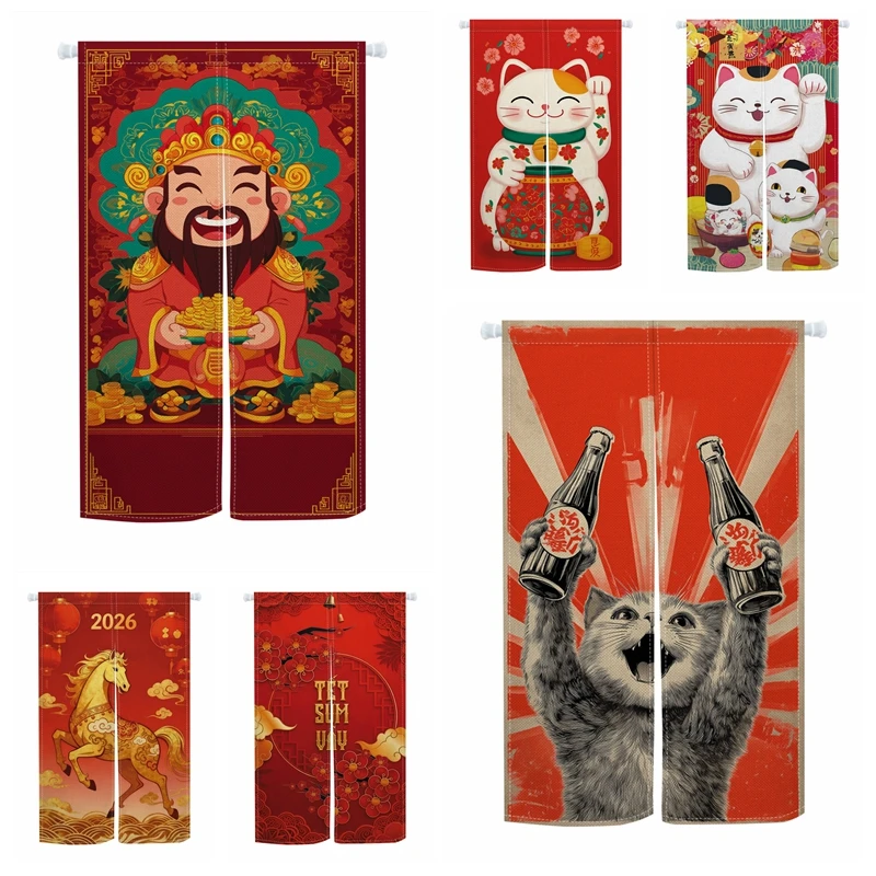 Chinese Noren Door Curtains God of Wealth Lucky Cat Horse Red Festive Decor Linen Doorway Curtains Kitchen Entrance Half Curtain
