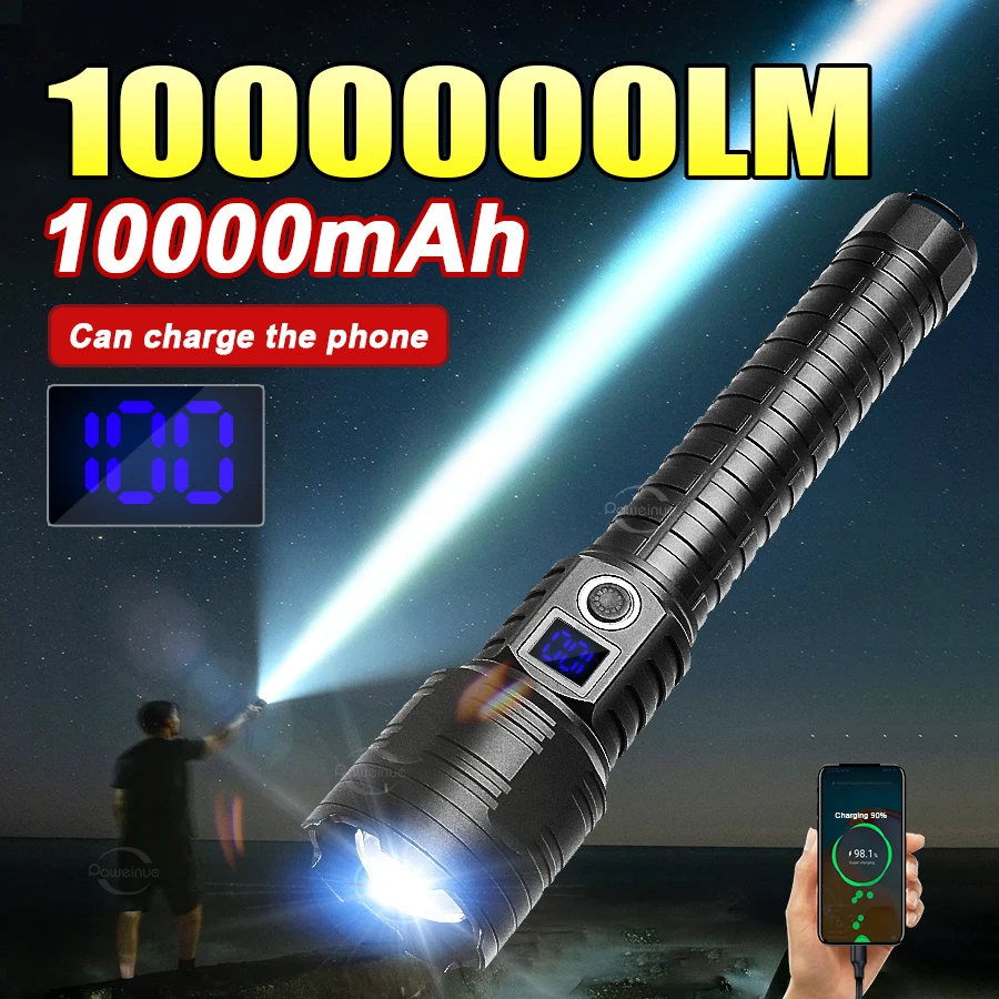 1000000LM 10000mAh Wysokowydajna Latarka LED z Zoomem, Długodystansowa Latarka, Ładowana przez USB, Mocna i Wytrzymała Latarka LED, Latarka Taktyczna