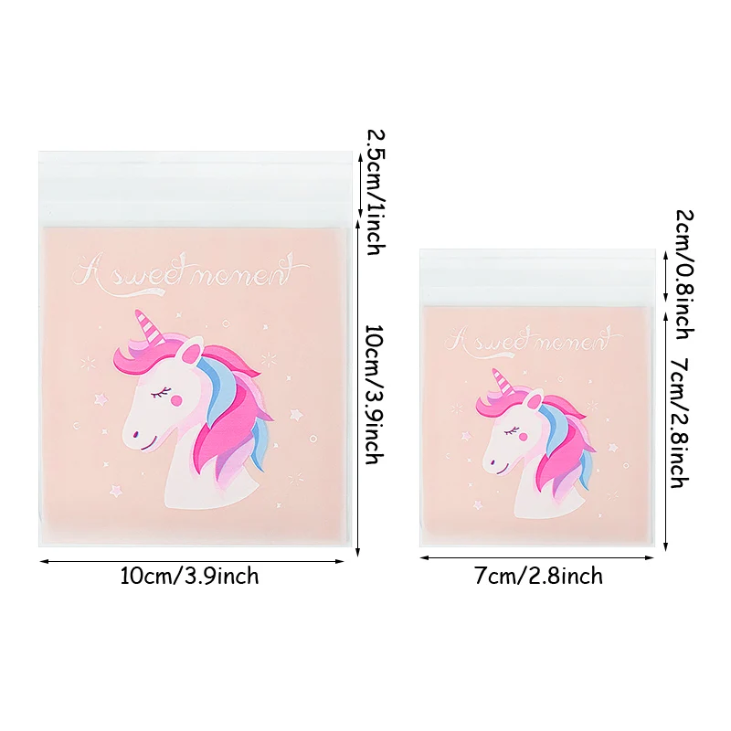 100Pcs 7x7cm/10x10cm  Unicorn Plastic Cookie Biscuits Candy Gift Packaging Bags for Kids Girl Birthday Party Baby Shower Pouch