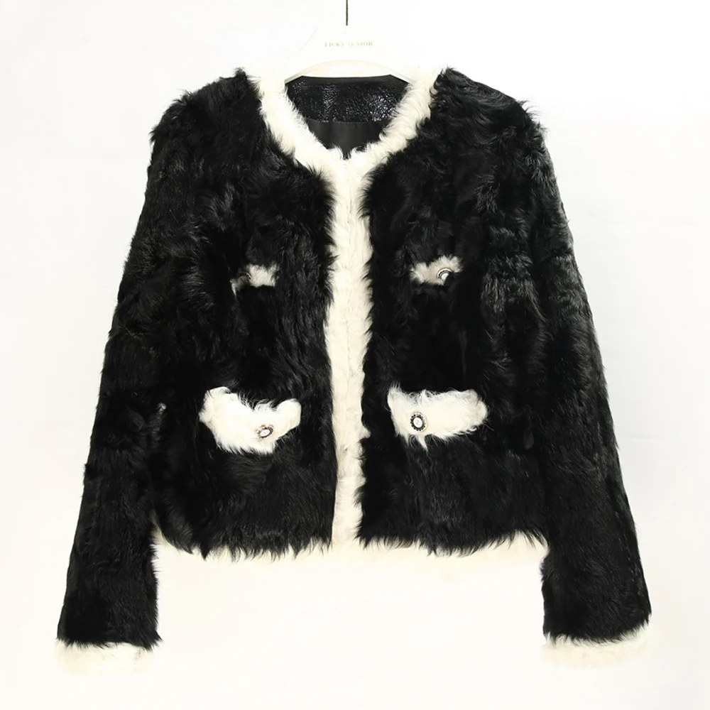 

2023 New Sweet Women Hu Sheepskin Fur Shearling Clothes Black Winter Warm Light Luxury Natural Fur Jackets