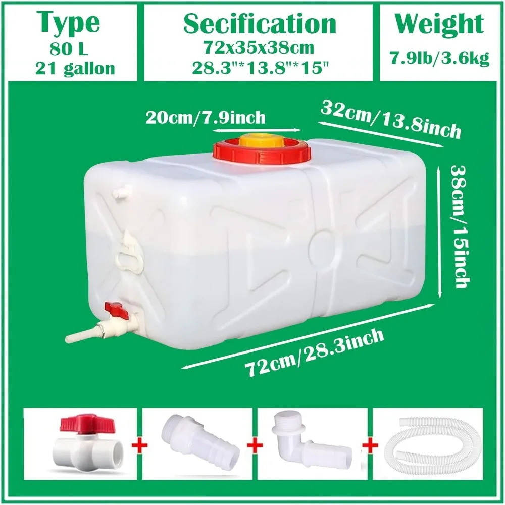 Portable 20 Gallon Water Tank with Spigot & Hose, Ideal for Camping, RV, Truck, and Emergency Use