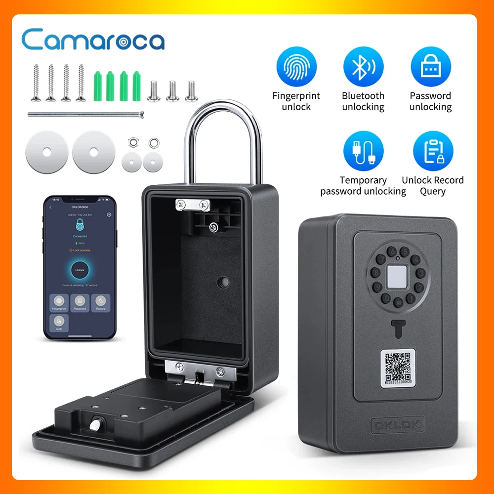 Camaroca Smart Key Safe Box Fingerprint Storage Lock Key 6 Digital Password Code Waterproof Security Lockbox Works with OKLOK