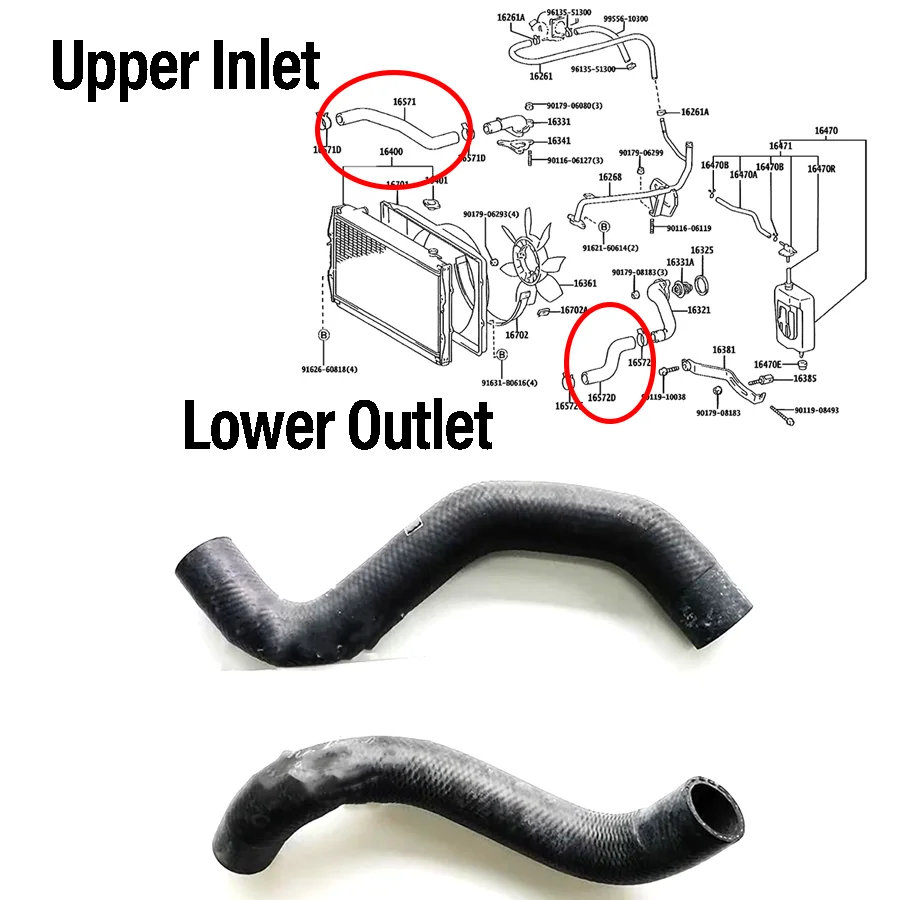 

1Pc Radiator Hose 16571-62070 16572-62090 Heating Air Conditioning Water Pipe Fit For Toyota Prado LC90 1996-2002.8 2.7L 3.4L