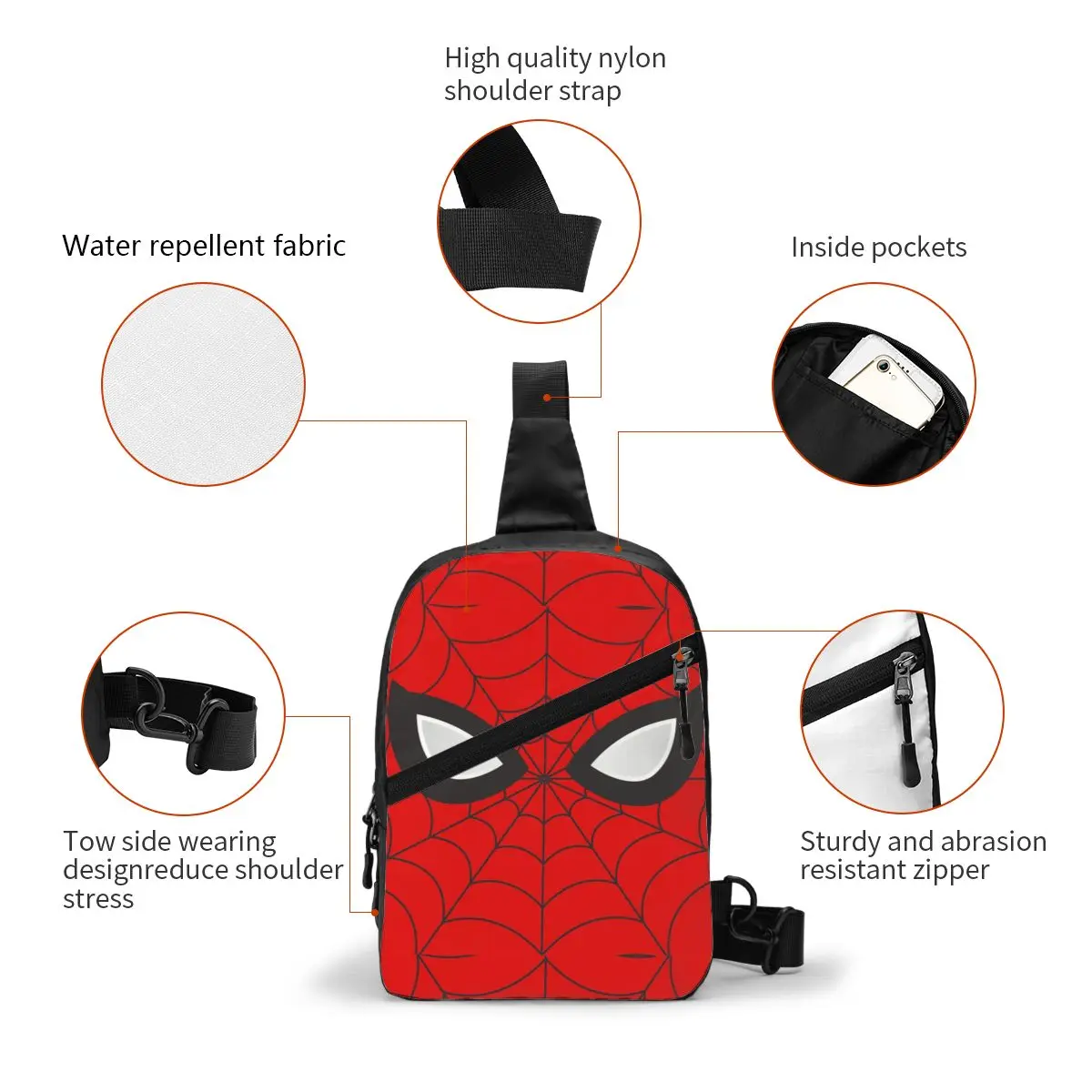 Casual Classic Red Spider Web Sling Crossbody Backpack Men Shoulder Chest Bags for Hiking