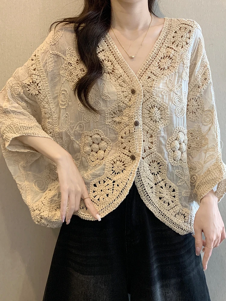 

Korean Sle V-Ne Hook Flower Hollow out Seven-Quarter Sve Women's Summer plus Size Slimming Outerwear Super Beautiful Top