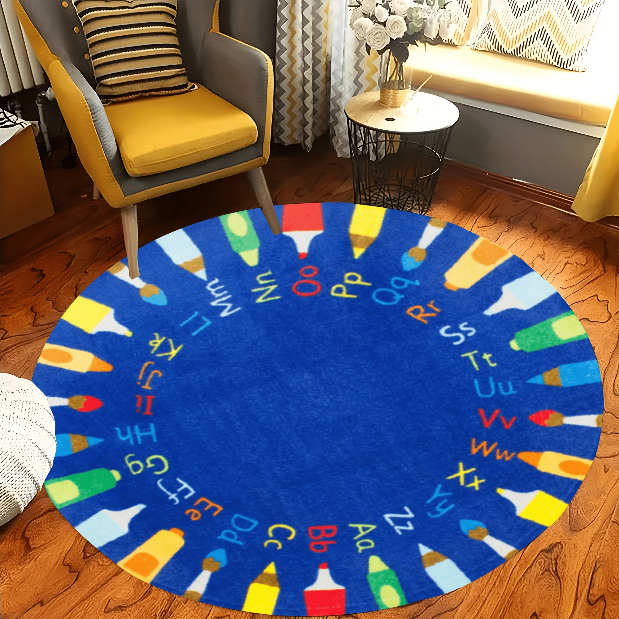 Retro African Village Figure Round Rug Bright Hand-Painted Ethnic Street Scene Circular Mat Cultural Themed Floor Mat  Decor