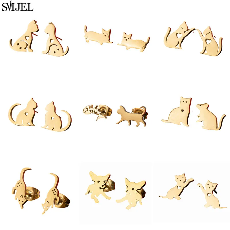 Minimalist Kitten Ear Studs for Women Cartoon Stainless Steel Animal Earrings Daily Jewelry Small Cat Dog Earing Pendientes Gift