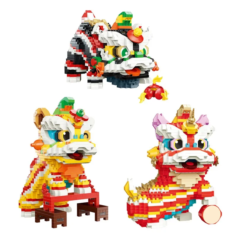 Building Blocks New Year Decoration Bricks Chinese Style Lucky Dancing Lion Fortune Cat Toys for Children Gift Adult Present