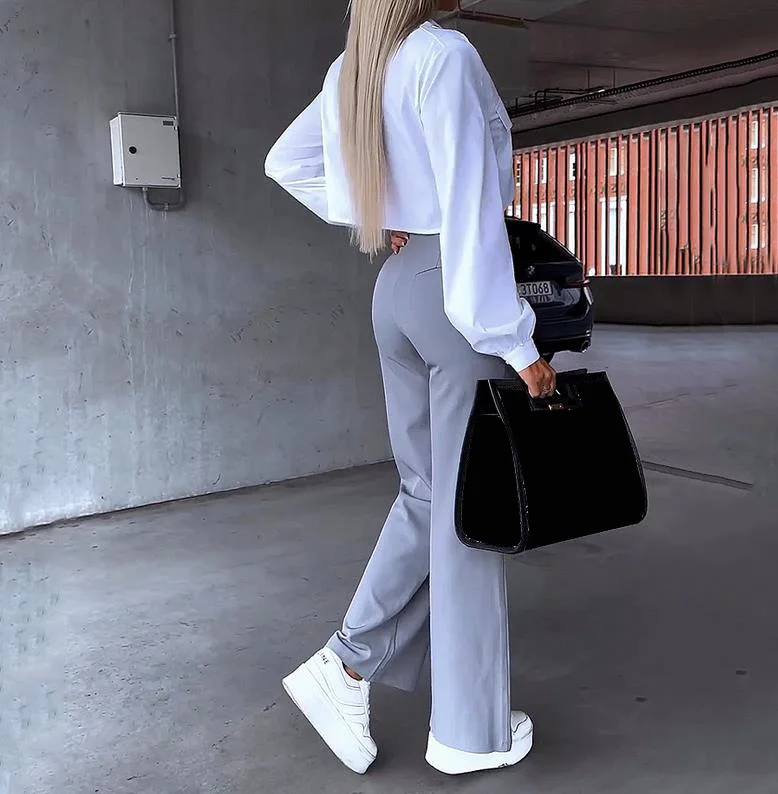 Autumn New Fashion Loose Commute Pants Set with White Short Long Sleeved Shirt Paired with High Waisted Slim Straight Leg Pants