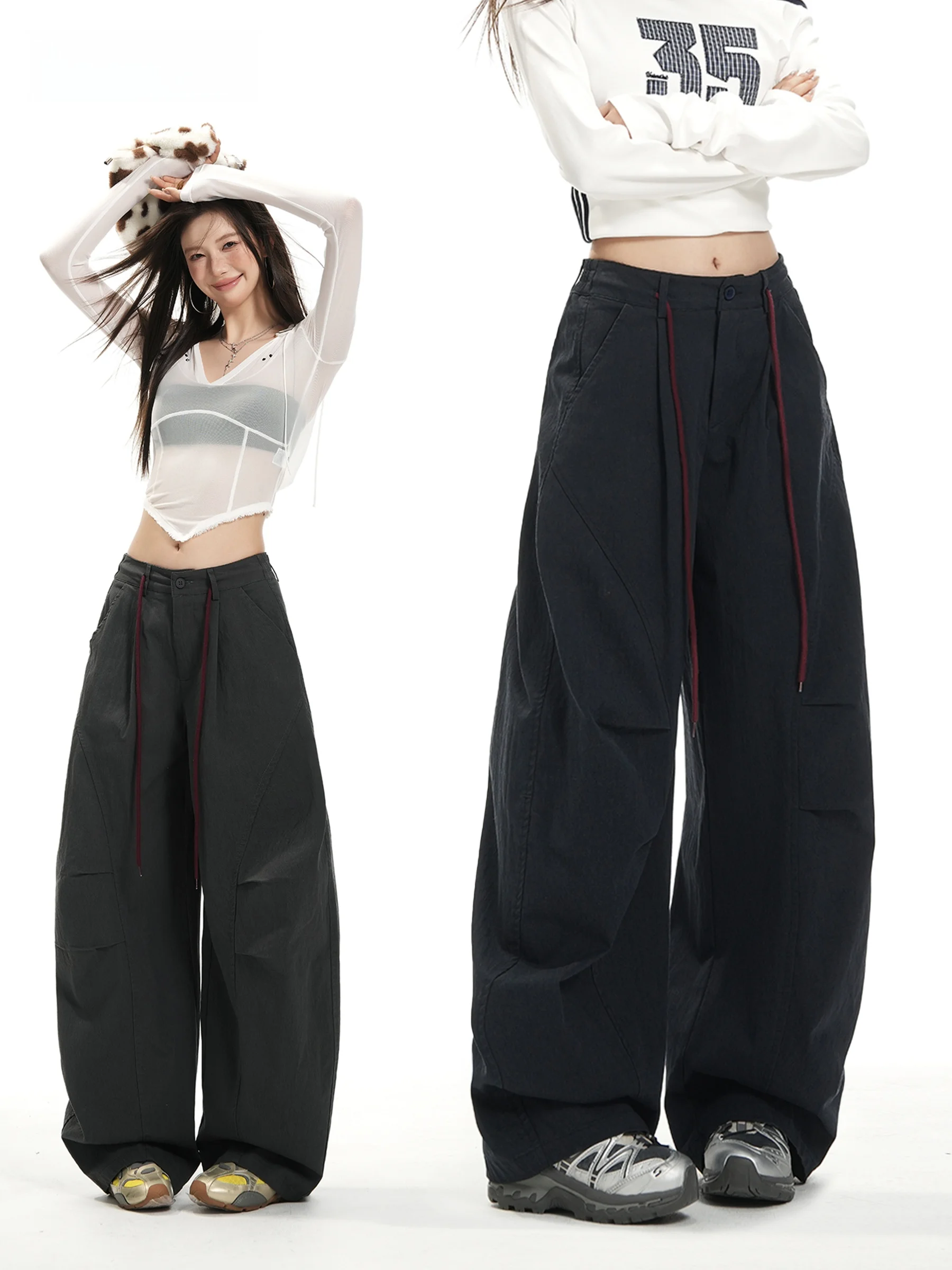 

November American Wide Leg Workwear Pants Women Summer Spicy Drawstring Loose Design Sensation Meat Covering Drapey Long Pants