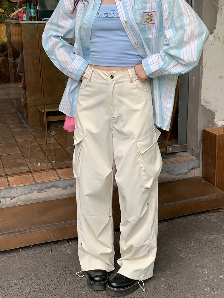 

Ретро-брюки в корейском стиле с широкими штанинами, рабочие брюки с декоративными карманами, повседневные брюки для девочек, простой прямой крой, полиэстер
