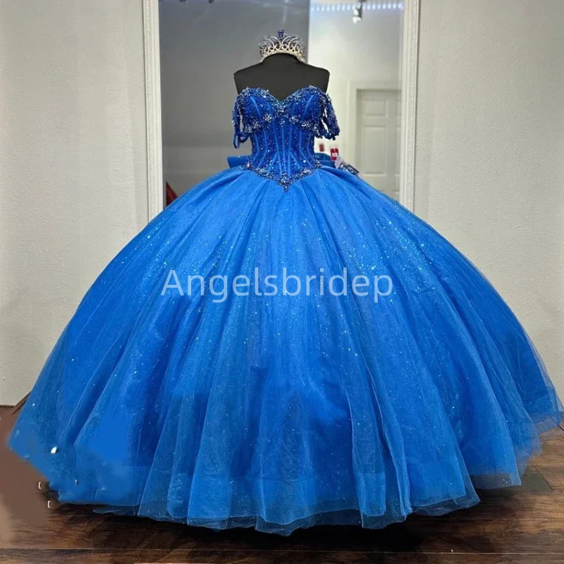 

Angelsbride Romantic Royal Blue Ball Gown Quinceanera Dress With Bow Beading Crystals Off Shoulder Lace Up Sweet 16 Dress