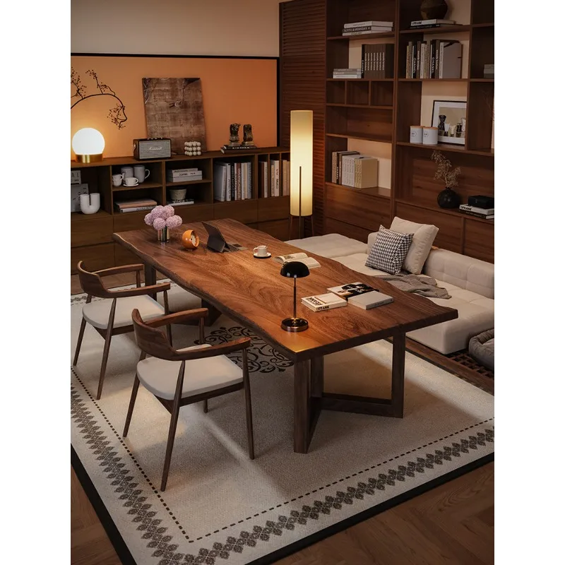 Vintage South American Walnut Writing Desk Large Slab Computer Table with Stone Inlay Luxury Oriental Zen Boss Office Table