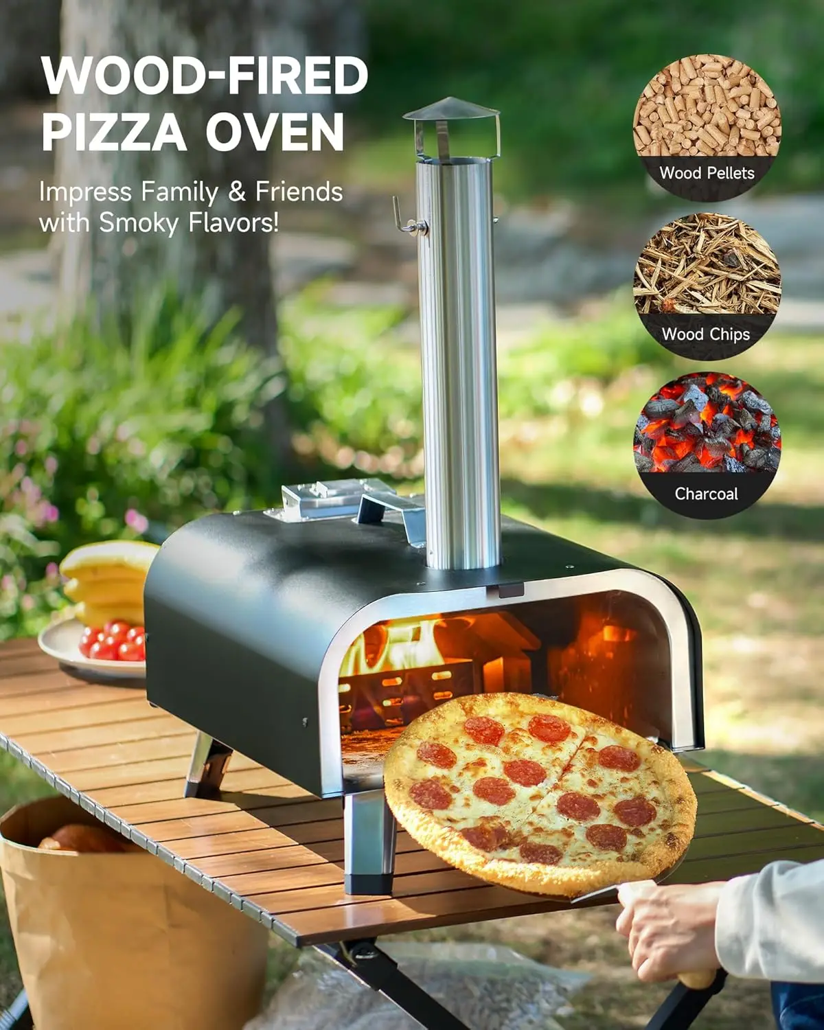 Outdoor Portable Wood Pellet Pizza Oven with 12 Inch Pizza Stone Pizza Cutter Transport Bags More, Stainless Steel Wood Fired