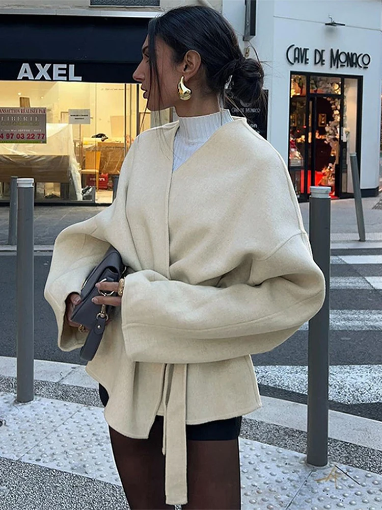 Elegant Belt No Collar Apricot Coats Women Chic Loose Long Sleeved Short Jackets Lady Autumn Winter High Street Outwear Tops